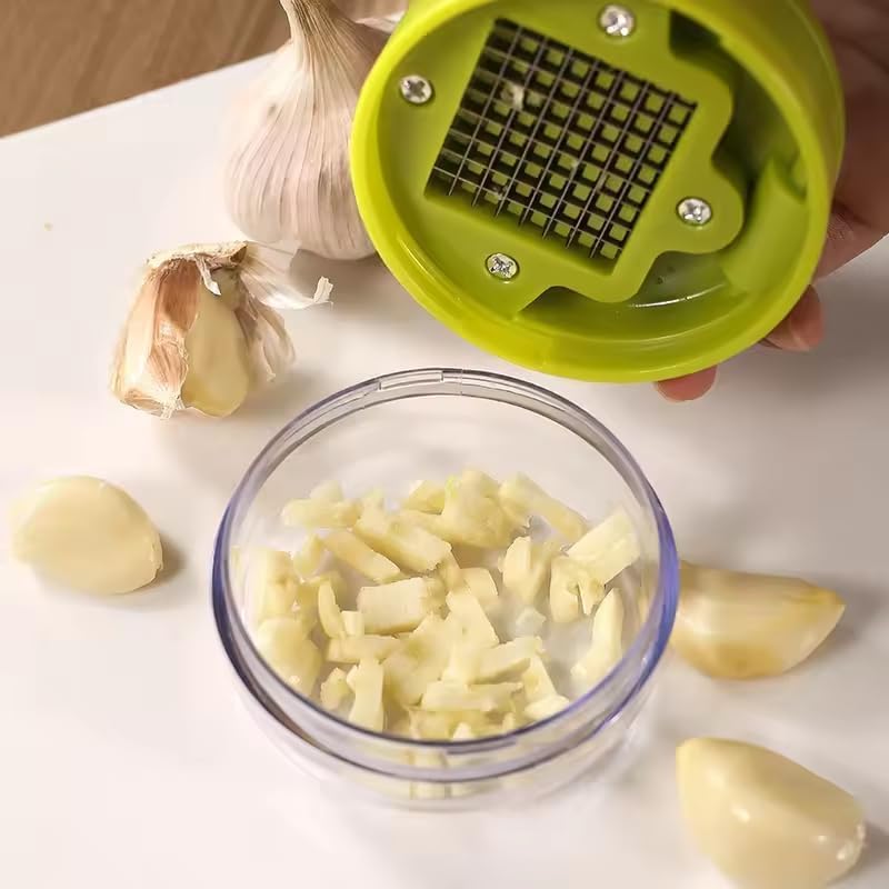 Mini Garlic Chopper and Press with Container, Manual Garlic Mincer Crusher Cutter Grinder, Stainless Steel Blades, Handheld Garlic Slicer Dicer Zoom Tool – Green