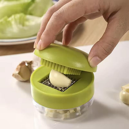 Mini Garlic Chopper and Press with Container, Manual Garlic Mincer Crusher Cutter Grinder, Stainless Steel Blades, Handheld Garlic Slicer Dicer Zoom Tool – Green