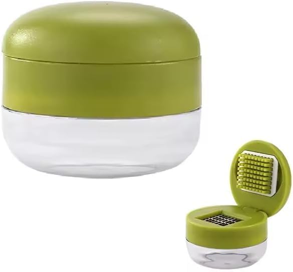 Mini Garlic Chopper and Press with Container, Manual Garlic Mincer Crusher Cutter Grinder, Stainless Steel Blades, Handheld Garlic Slicer Dicer Zoom Tool – Green