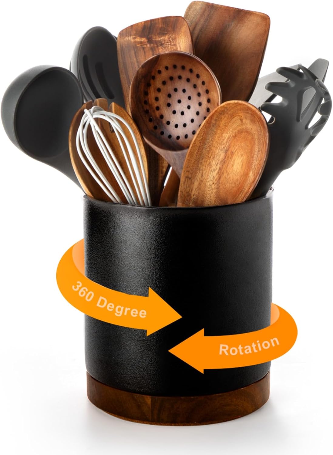 Ceramic Rotating Kitchen Utensil Holder for Countertop, 7.2'' Stone Black | 360° Large Cooking Utensil Crock for Kitchen Counter Organizer, Wooden Base No-Slip, Farmhouse Decor, Christmas Gift