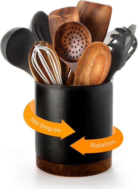 Ceramic Rotating Kitchen Utensil Holder for Countertop, 7.2'' Stone Black | 360° Large Cooking Utensil Crock for Kitchen Counter Organizer, Wooden Base No-Slip, Farmhouse Decor, Christmas Gift