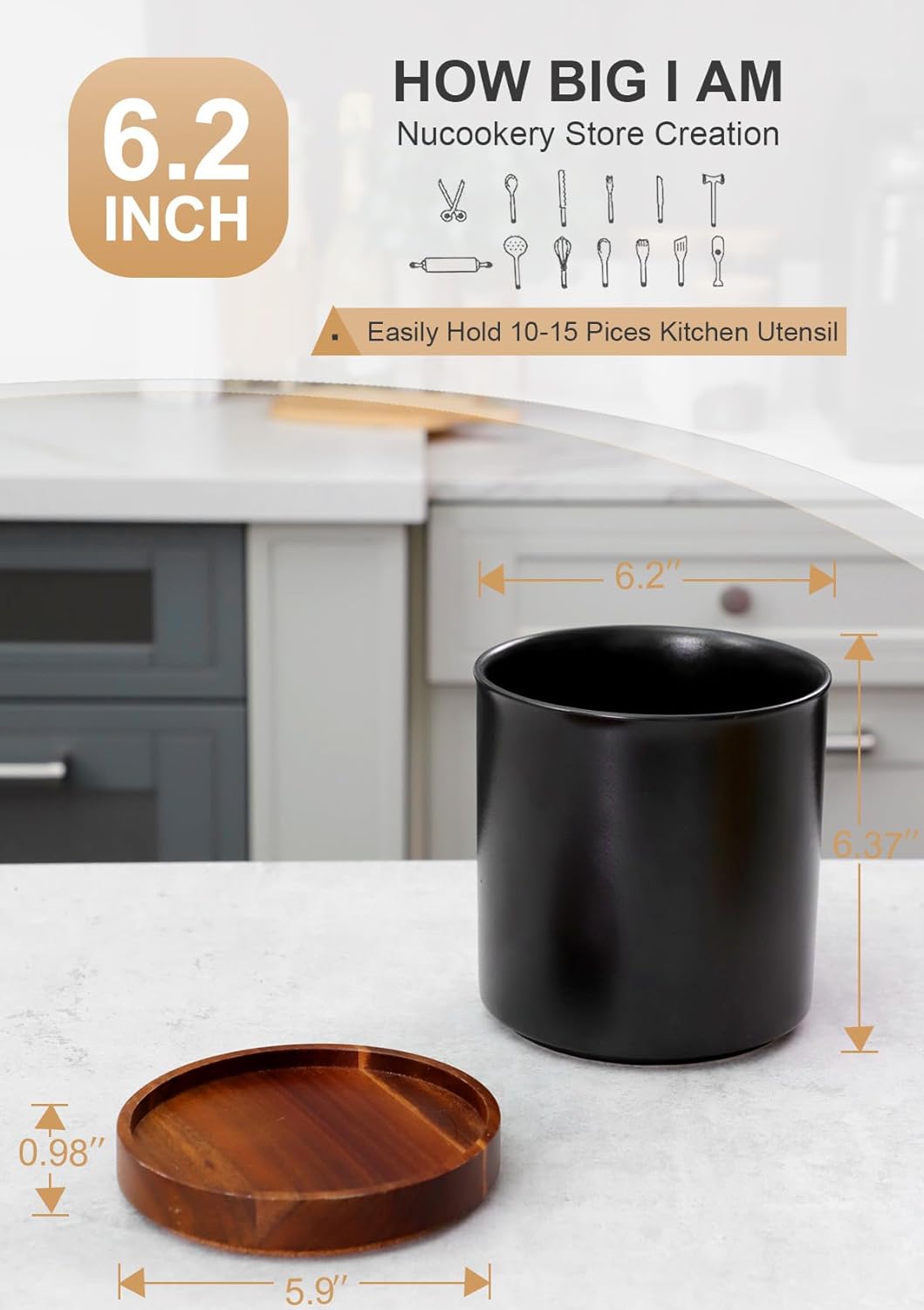 Ceramic Rotating Kitchen Utensil Holder for Countertop, 7.2'' Stone Black | 360° Large Cooking Utensil Crock for Kitchen Counter Organizer, Wooden Base No-Slip, Farmhouse Decor, Christmas Gift