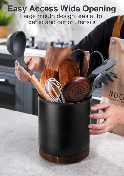 Ceramic Rotating Kitchen Utensil Holder for Countertop, 7.2'' Stone Black | 360° Large Cooking Utensil Crock for Kitchen Counter Organizer, Wooden Base No-Slip, Farmhouse Decor, Christmas Gift