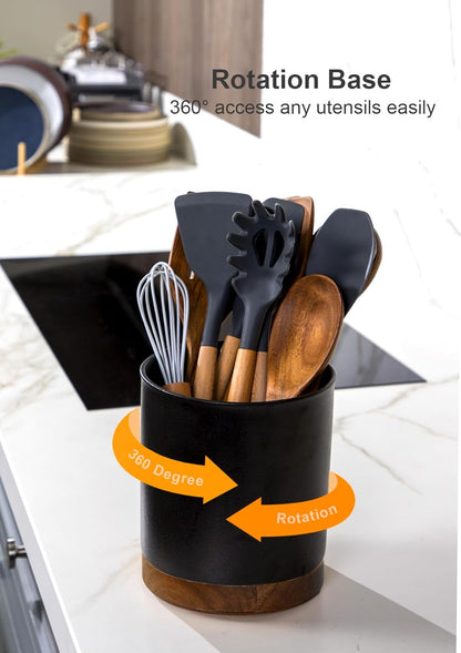 Ceramic Rotating Kitchen Utensil Holder for Countertop, 7.2'' Stone Black | 360° Large Cooking Utensil Crock for Kitchen Counter Organizer, Wooden Base No-Slip, Farmhouse Decor, Christmas Gift