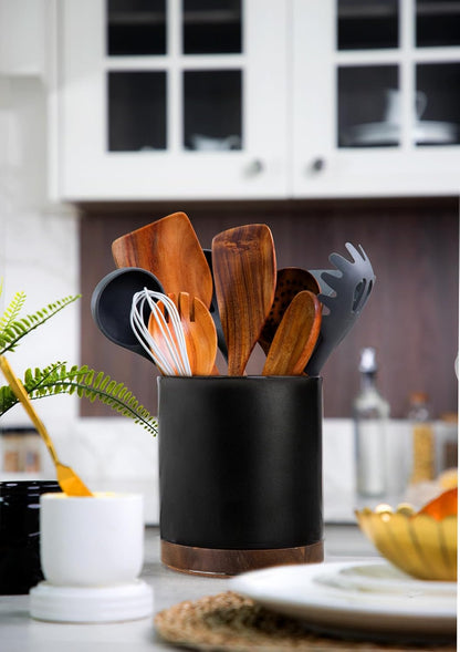 Ceramic Rotating Kitchen Utensil Holder for Countertop, 7.2'' Stone Black | 360° Large Cooking Utensil Crock for Kitchen Counter Organizer, Wooden Base No-Slip, Farmhouse Decor, Christmas Gift