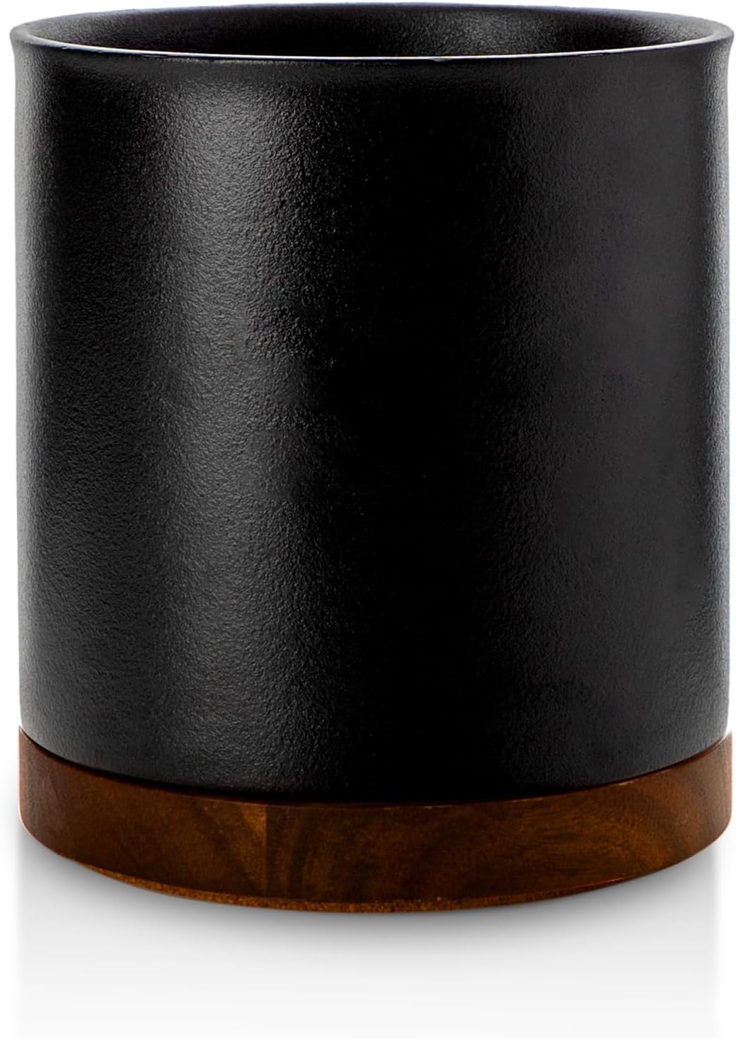 Ceramic Rotating Kitchen Utensil Holder for Countertop, 7.2'' Stone Black | 360° Large Cooking Utensil Crock for Kitchen Counter Organizer, Wooden Base No-Slip, Farmhouse Decor, Christmas Gift