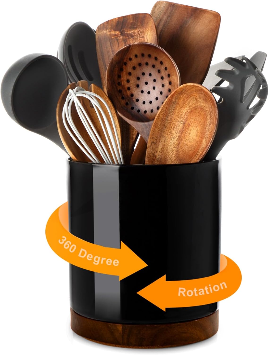 Ceramic Rotating Kitchen Utensil Holder for Countertop, 7.2'' Stone Black | 360° Large Cooking Utensil Crock for Kitchen Counter Organizer, Wooden Base No-Slip, Farmhouse Decor, Christmas Gift