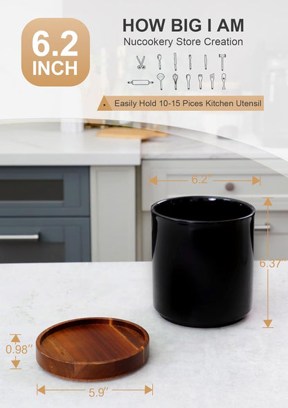 Ceramic Rotating Kitchen Utensil Holder for Countertop, 7.2'' Stone Black | 360° Large Cooking Utensil Crock for Kitchen Counter Organizer, Wooden Base No-Slip, Farmhouse Decor, Christmas Gift