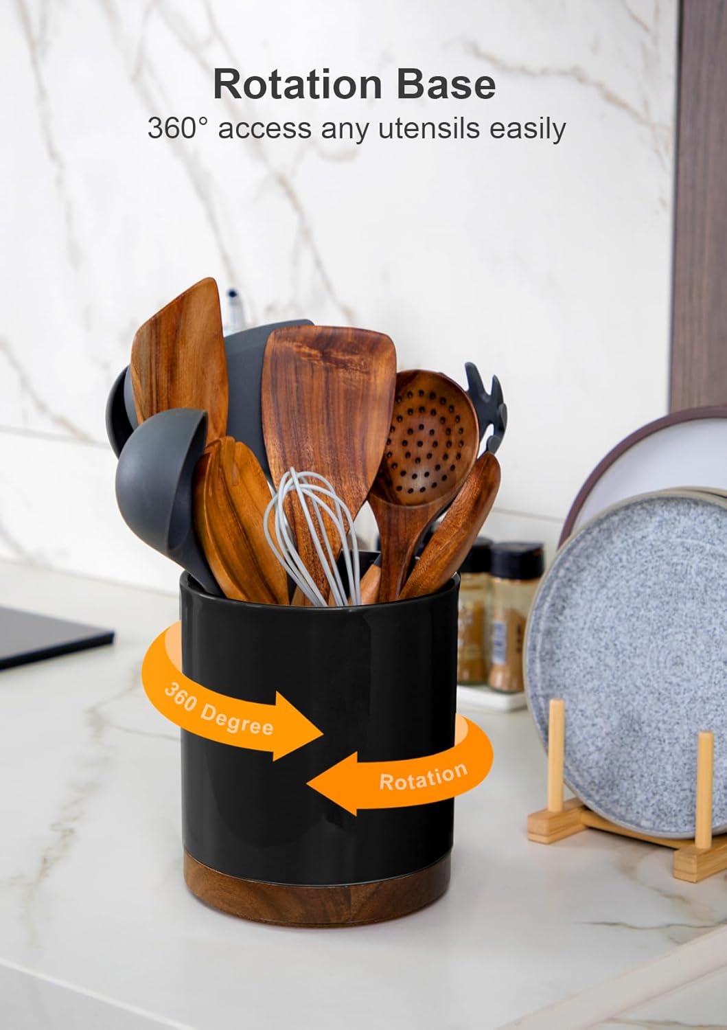Ceramic Rotating Kitchen Utensil Holder for Countertop, 7.2'' Stone Black | 360° Large Cooking Utensil Crock for Kitchen Counter Organizer, Wooden Base No-Slip, Farmhouse Decor, Christmas Gift
