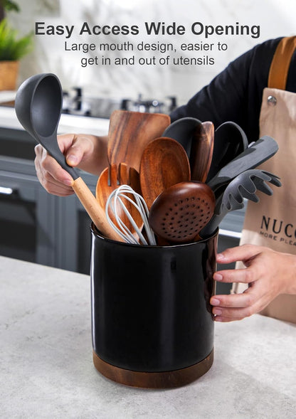 Ceramic Rotating Kitchen Utensil Holder for Countertop, 7.2'' Stone Black | 360° Large Cooking Utensil Crock for Kitchen Counter Organizer, Wooden Base No-Slip, Farmhouse Decor, Christmas Gift