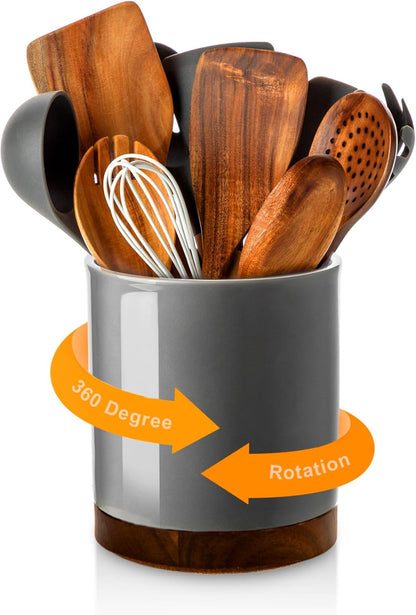 Ceramic Rotating Kitchen Utensil Holder for Countertop, 7.2'' Stone Black | 360° Large Cooking Utensil Crock for Kitchen Counter Organizer, Wooden Base No-Slip, Farmhouse Decor, Christmas Gift