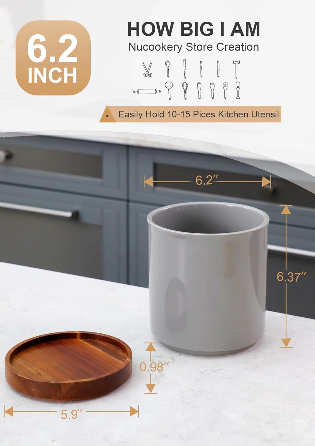 Ceramic Rotating Kitchen Utensil Holder for Countertop, 7.2'' Stone Black | 360° Large Cooking Utensil Crock for Kitchen Counter Organizer, Wooden Base No-Slip, Farmhouse Decor, Christmas Gift