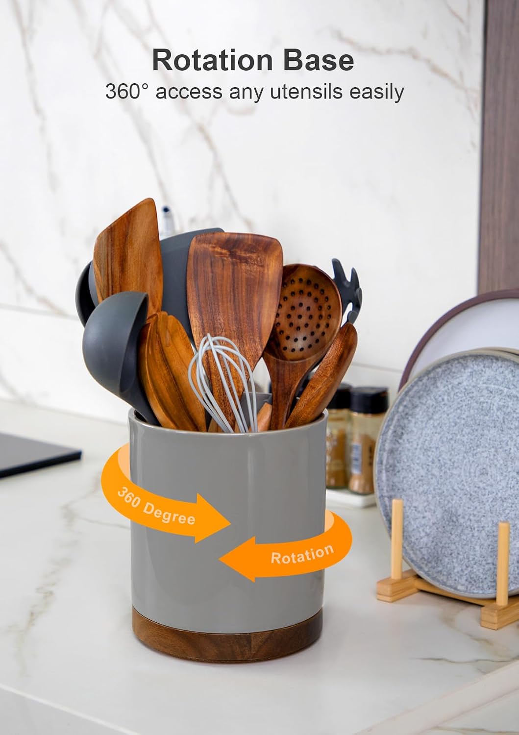 Ceramic Rotating Kitchen Utensil Holder for Countertop, 7.2'' Stone Black | 360° Large Cooking Utensil Crock for Kitchen Counter Organizer, Wooden Base No-Slip, Farmhouse Decor, Christmas Gift