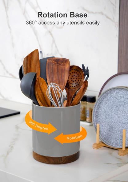 Ceramic Rotating Kitchen Utensil Holder for Countertop, 7.2'' Stone Black | 360° Large Cooking Utensil Crock for Kitchen Counter Organizer, Wooden Base No-Slip, Farmhouse Decor, Christmas Gift