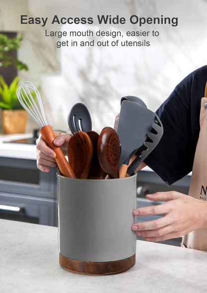 Ceramic Rotating Kitchen Utensil Holder for Countertop, 7.2'' Stone Black | 360° Large Cooking Utensil Crock for Kitchen Counter Organizer, Wooden Base No-Slip, Farmhouse Decor, Christmas Gift