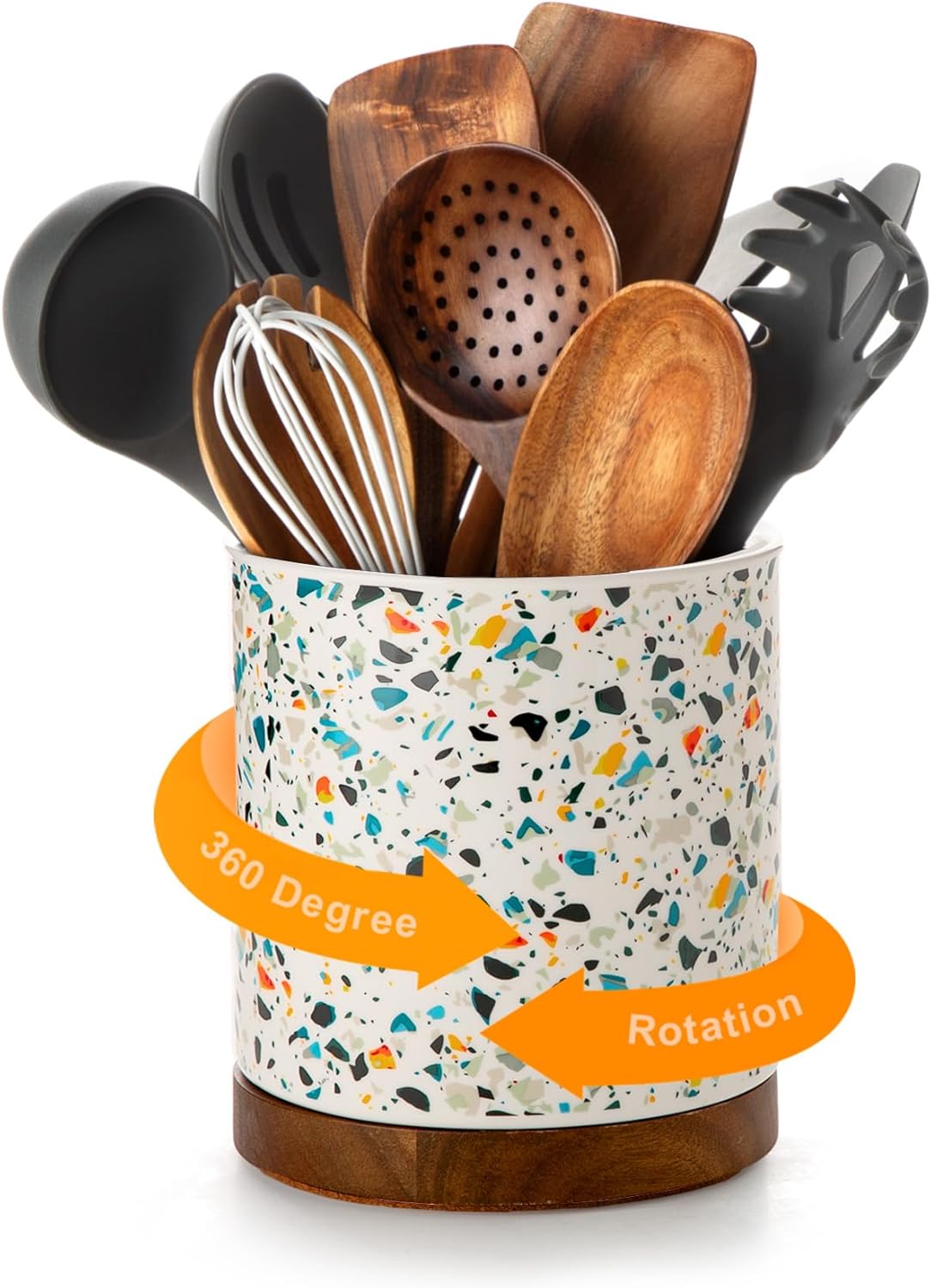 Ceramic Rotating Kitchen Utensil Holder for Countertop, 7.2'' Stone Black | 360° Large Cooking Utensil Crock for Kitchen Counter Organizer, Wooden Base No-Slip, Farmhouse Decor, Christmas Gift