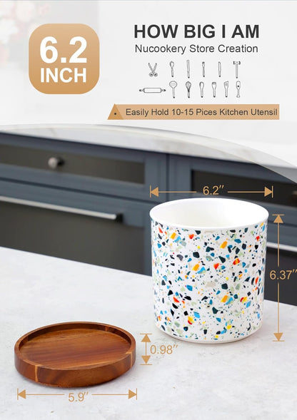 Ceramic Rotating Kitchen Utensil Holder for Countertop, 7.2'' Stone Black | 360° Large Cooking Utensil Crock for Kitchen Counter Organizer, Wooden Base No-Slip, Farmhouse Decor, Christmas Gift