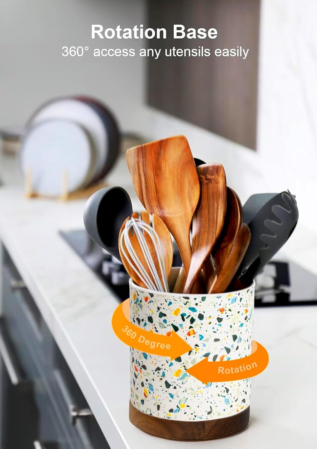 Ceramic Rotating Kitchen Utensil Holder for Countertop, 7.2'' Stone Black | 360° Large Cooking Utensil Crock for Kitchen Counter Organizer, Wooden Base No-Slip, Farmhouse Decor, Christmas Gift