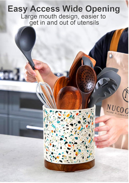 Ceramic Rotating Kitchen Utensil Holder for Countertop, 7.2'' Stone Black | 360° Large Cooking Utensil Crock for Kitchen Counter Organizer, Wooden Base No-Slip, Farmhouse Decor, Christmas Gift
