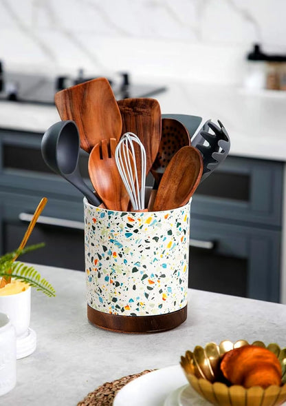 Ceramic Rotating Kitchen Utensil Holder for Countertop, 7.2'' Stone Black | 360° Large Cooking Utensil Crock for Kitchen Counter Organizer, Wooden Base No-Slip, Farmhouse Decor, Christmas Gift