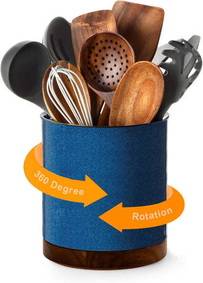 Ceramic Rotating Kitchen Utensil Holder for Countertop, 7.2'' Stone Black | 360° Large Cooking Utensil Crock for Kitchen Counter Organizer, Wooden Base No-Slip, Farmhouse Decor, Christmas Gift