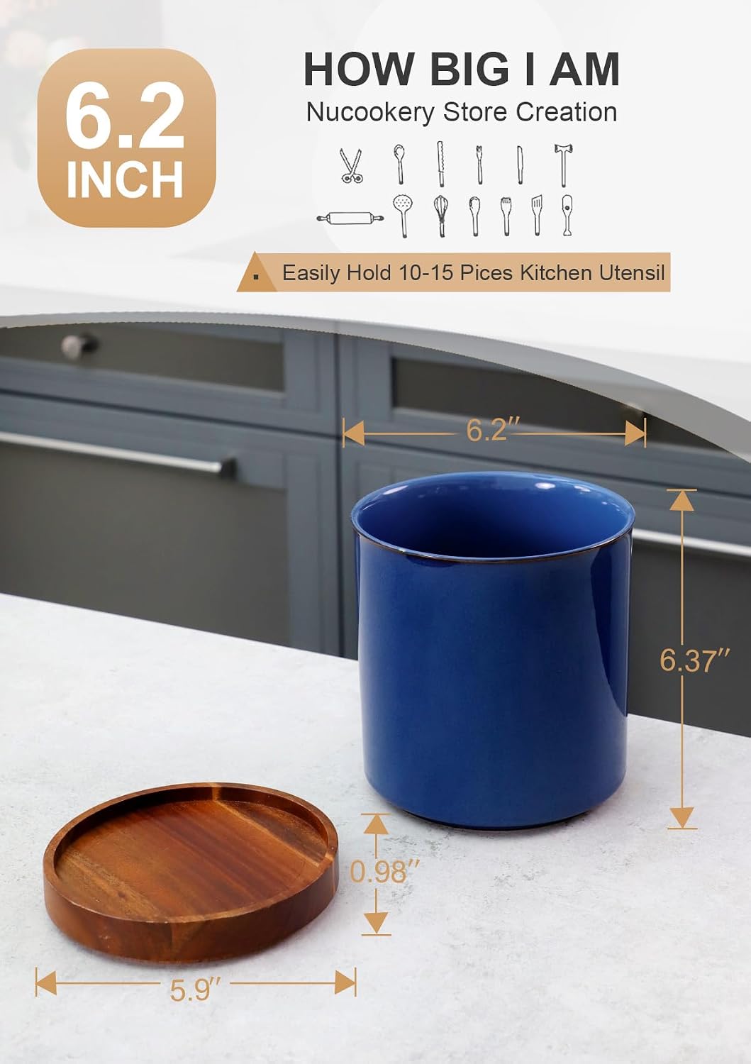 Ceramic Rotating Kitchen Utensil Holder for Countertop, 7.2'' Stone Black | 360° Large Cooking Utensil Crock for Kitchen Counter Organizer, Wooden Base No-Slip, Farmhouse Decor, Christmas Gift