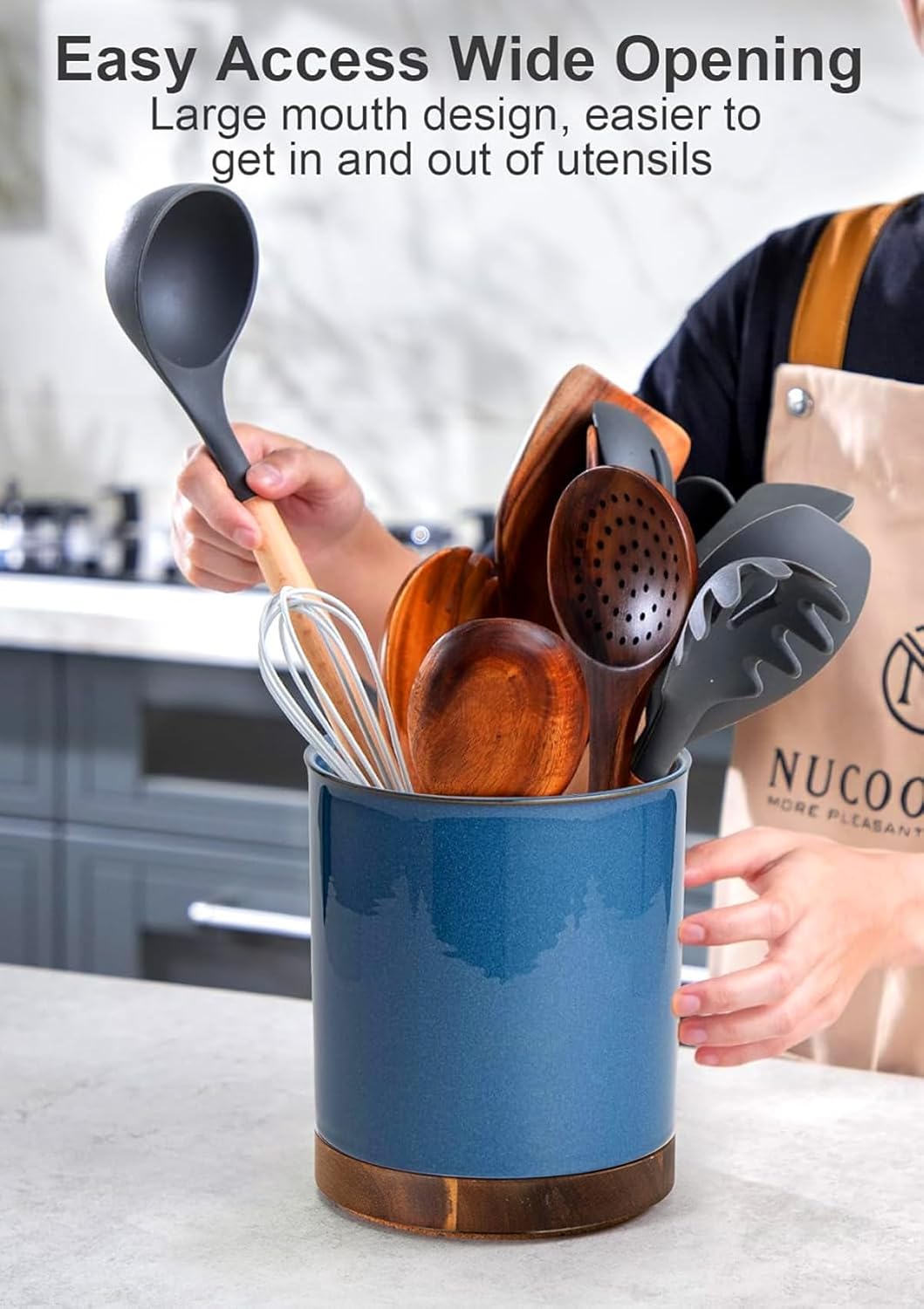 Ceramic Rotating Kitchen Utensil Holder for Countertop, 7.2'' Stone Black | 360° Large Cooking Utensil Crock for Kitchen Counter Organizer, Wooden Base No-Slip, Farmhouse Decor, Christmas Gift