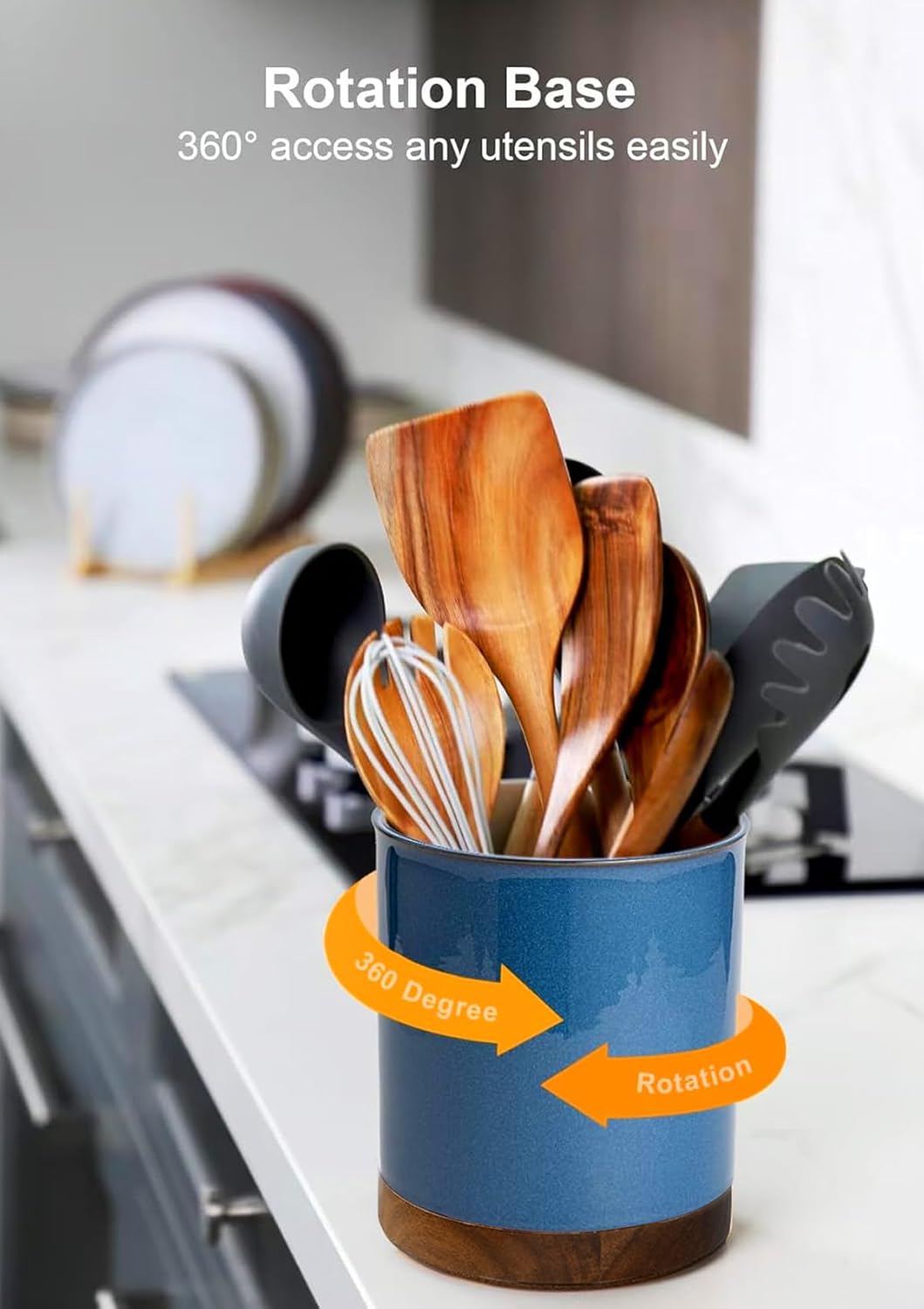 Ceramic Rotating Kitchen Utensil Holder for Countertop, 7.2'' Stone Black | 360° Large Cooking Utensil Crock for Kitchen Counter Organizer, Wooden Base No-Slip, Farmhouse Decor, Christmas Gift
