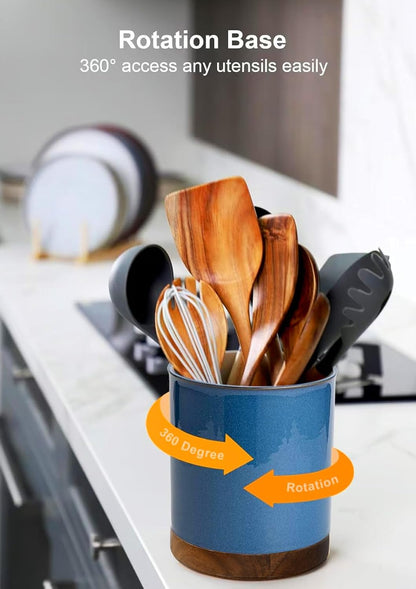 Ceramic Rotating Kitchen Utensil Holder for Countertop, 7.2'' Stone Black | 360° Large Cooking Utensil Crock for Kitchen Counter Organizer, Wooden Base No-Slip, Farmhouse Decor, Christmas Gift