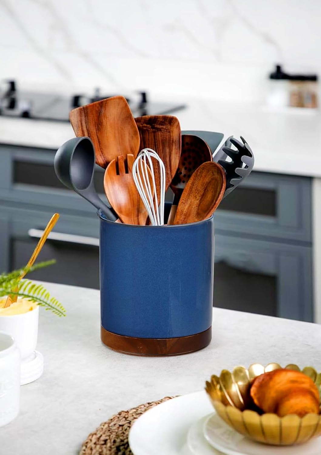 Ceramic Rotating Kitchen Utensil Holder for Countertop, 7.2'' Stone Black | 360° Large Cooking Utensil Crock for Kitchen Counter Organizer, Wooden Base No-Slip, Farmhouse Decor, Christmas Gift