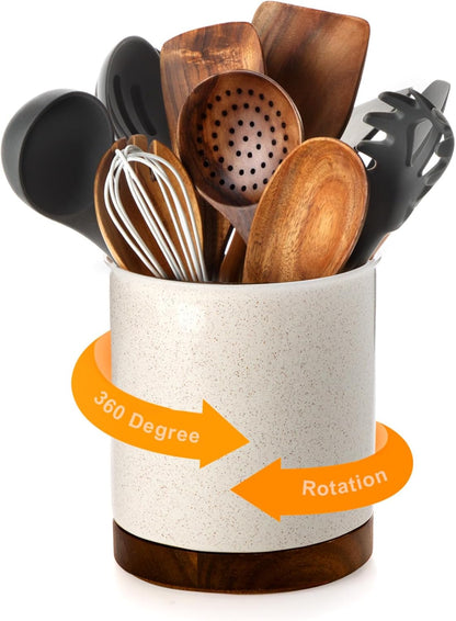 Ceramic Rotating Kitchen Utensil Holder for Countertop, 7.2'' Stone Black | 360° Large Cooking Utensil Crock for Kitchen Counter Organizer, Wooden Base No-Slip, Farmhouse Decor, Christmas Gift