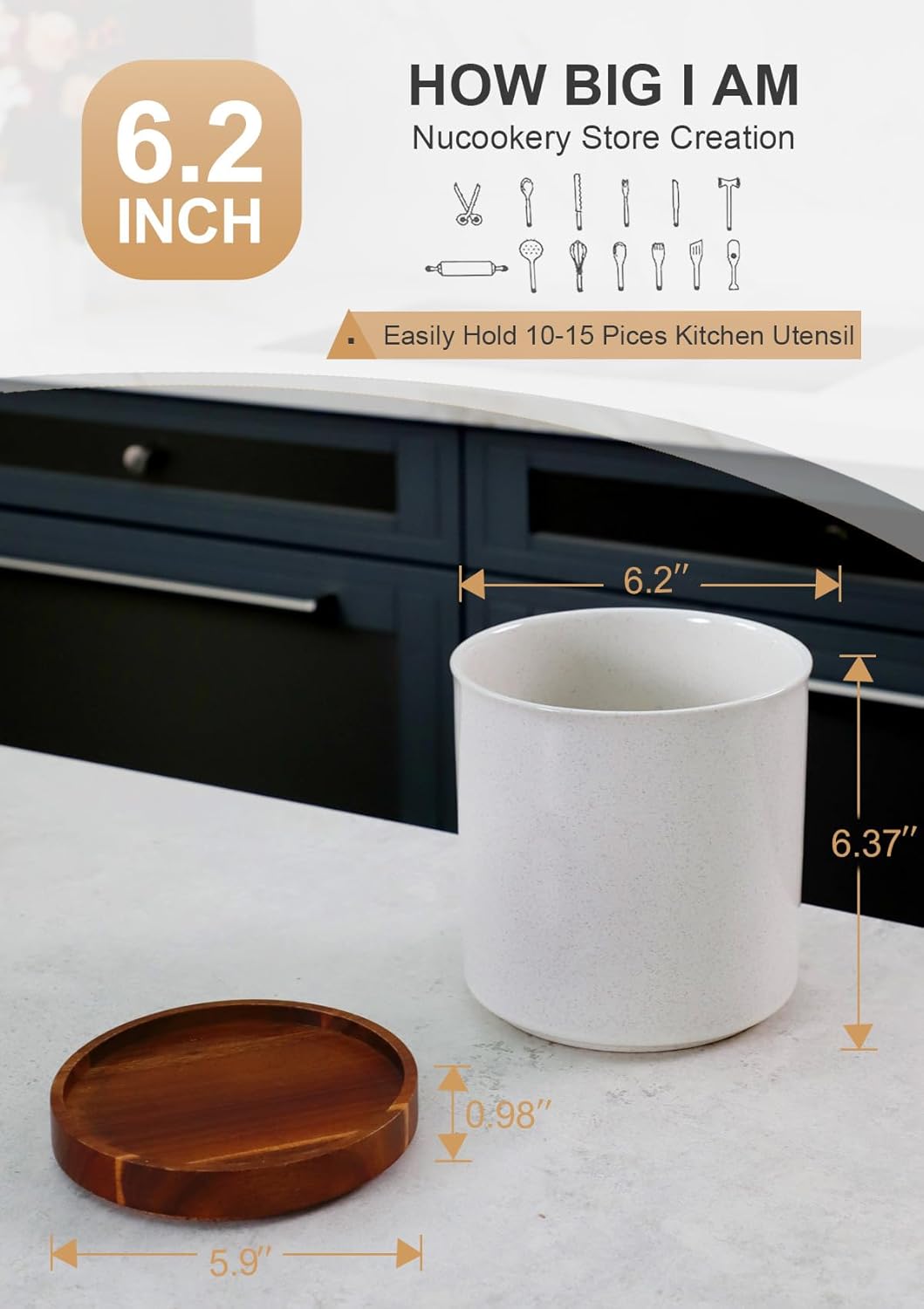 Ceramic Rotating Kitchen Utensil Holder for Countertop, 7.2'' Stone Black | 360° Large Cooking Utensil Crock for Kitchen Counter Organizer, Wooden Base No-Slip, Farmhouse Decor, Christmas Gift