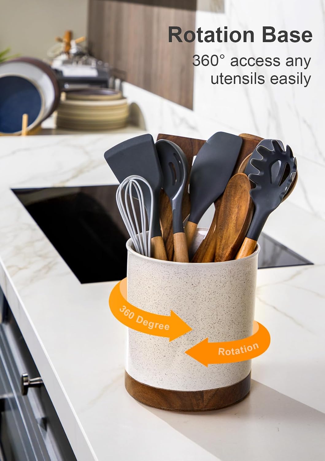 Ceramic Rotating Kitchen Utensil Holder for Countertop, 7.2'' Stone Black | 360° Large Cooking Utensil Crock for Kitchen Counter Organizer, Wooden Base No-Slip, Farmhouse Decor, Christmas Gift