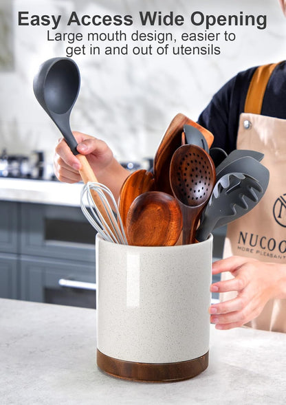Ceramic Rotating Kitchen Utensil Holder for Countertop, 7.2'' Stone Black | 360° Large Cooking Utensil Crock for Kitchen Counter Organizer, Wooden Base No-Slip, Farmhouse Decor, Christmas Gift