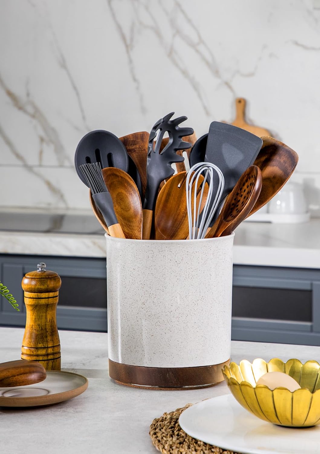 Ceramic Rotating Kitchen Utensil Holder for Countertop, 7.2'' Stone Black | 360° Large Cooking Utensil Crock for Kitchen Counter Organizer, Wooden Base No-Slip, Farmhouse Decor, Christmas Gift