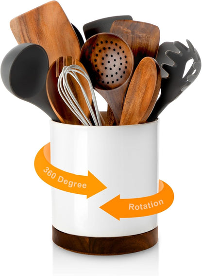 Ceramic Rotating Kitchen Utensil Holder for Countertop, 7.2'' Stone Black | 360° Large Cooking Utensil Crock for Kitchen Counter Organizer, Wooden Base No-Slip, Farmhouse Decor, Christmas Gift