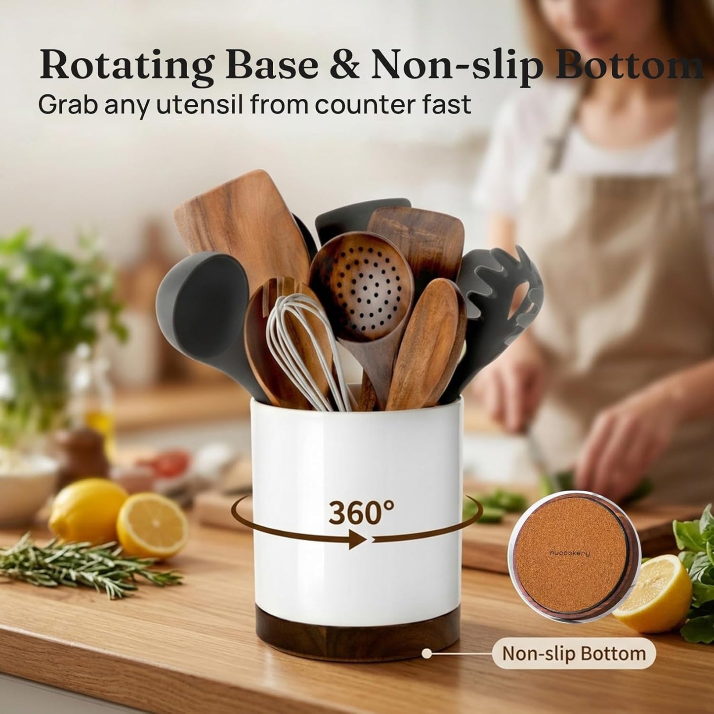 Ceramic Rotating Kitchen Utensil Holder for Countertop, 7.2'' Stone Black | 360° Large Cooking Utensil Crock for Kitchen Counter Organizer, Wooden Base No-Slip, Farmhouse Decor, Christmas Gift