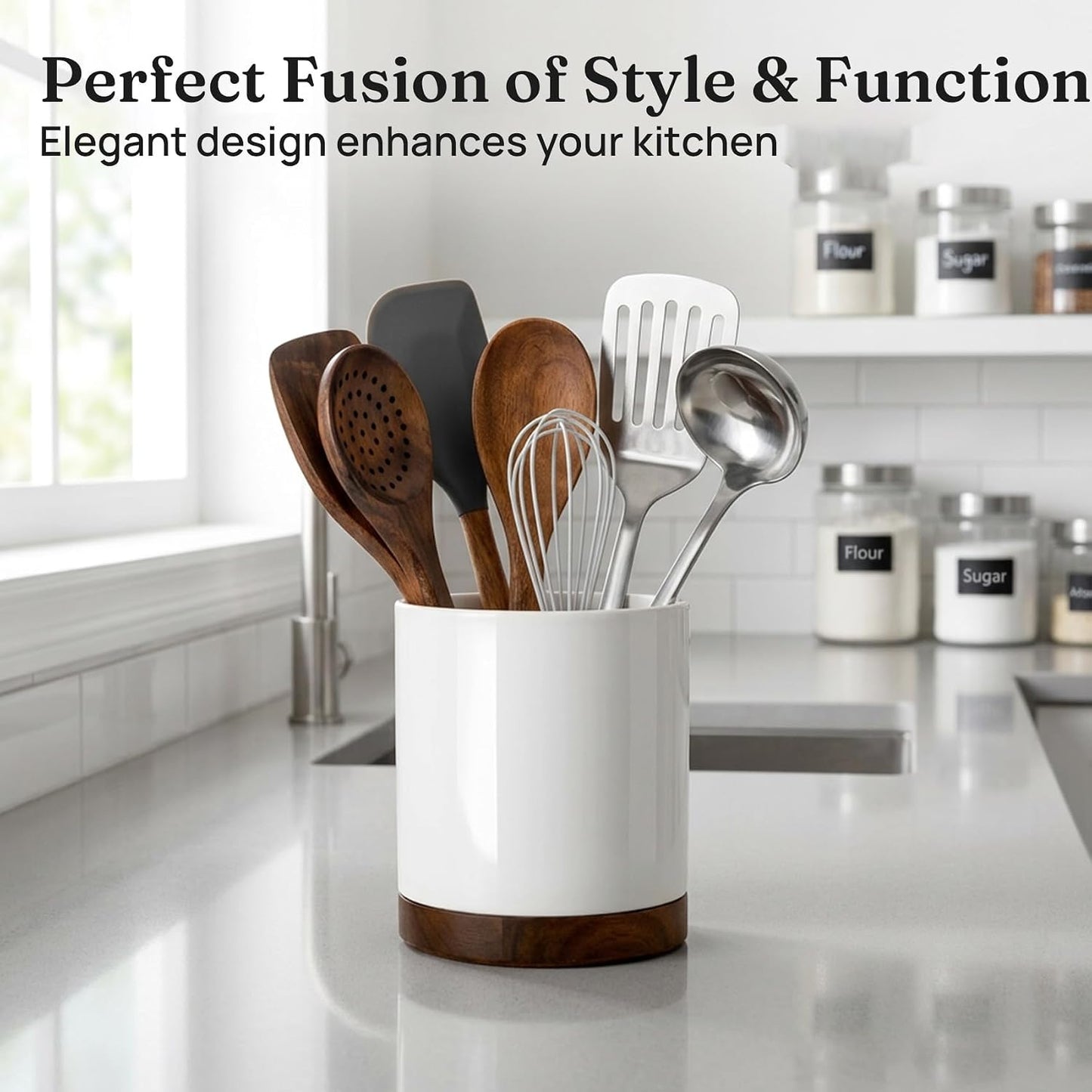 Ceramic Rotating Kitchen Utensil Holder for Countertop, 7.2'' Stone Black | 360° Large Cooking Utensil Crock for Kitchen Counter Organizer, Wooden Base No-Slip, Farmhouse Decor, Christmas Gift