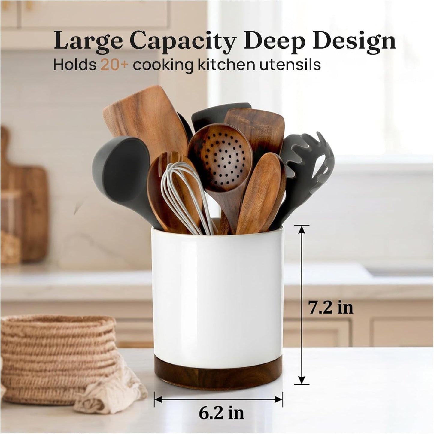 Ceramic Rotating Kitchen Utensil Holder for Countertop, 7.2'' Stone Black | 360° Large Cooking Utensil Crock for Kitchen Counter Organizer, Wooden Base No-Slip, Farmhouse Decor, Christmas Gift