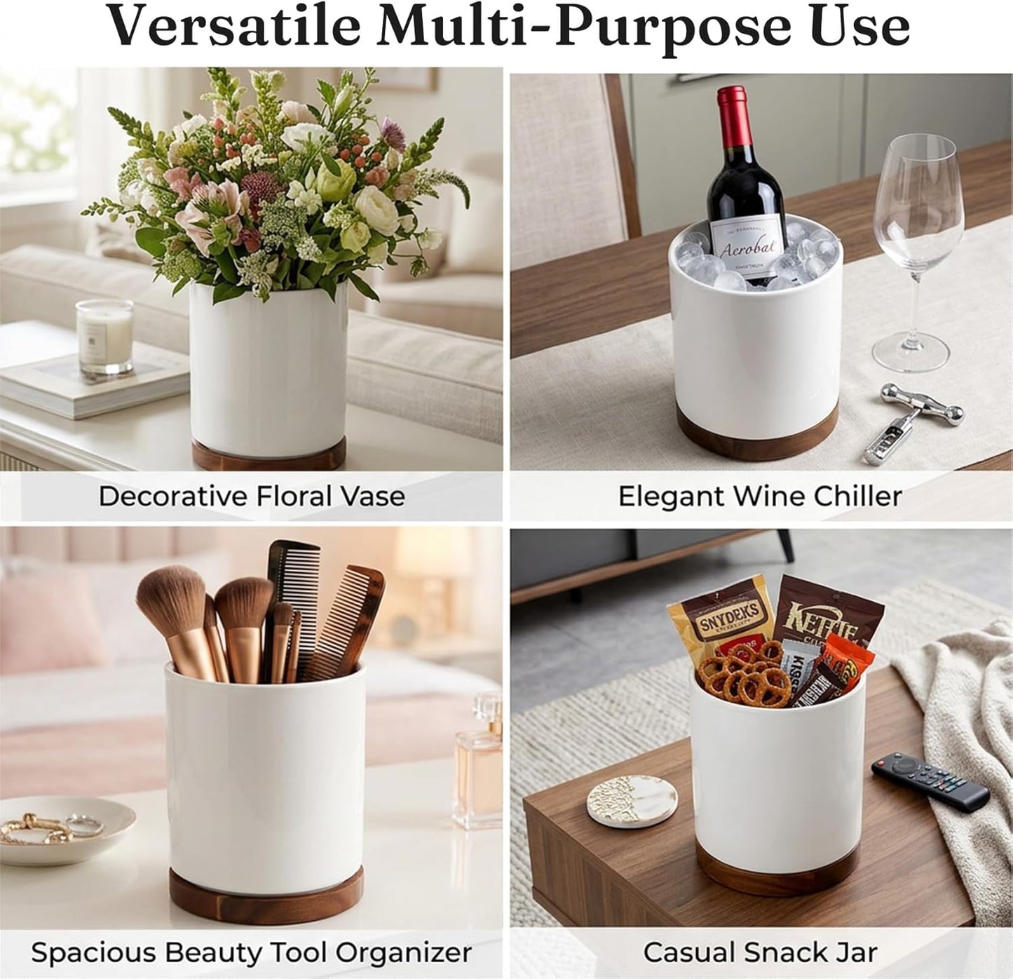 Ceramic Rotating Kitchen Utensil Holder for Countertop, 7.2'' Stone Black | 360° Large Cooking Utensil Crock for Kitchen Counter Organizer, Wooden Base No-Slip, Farmhouse Decor, Christmas Gift