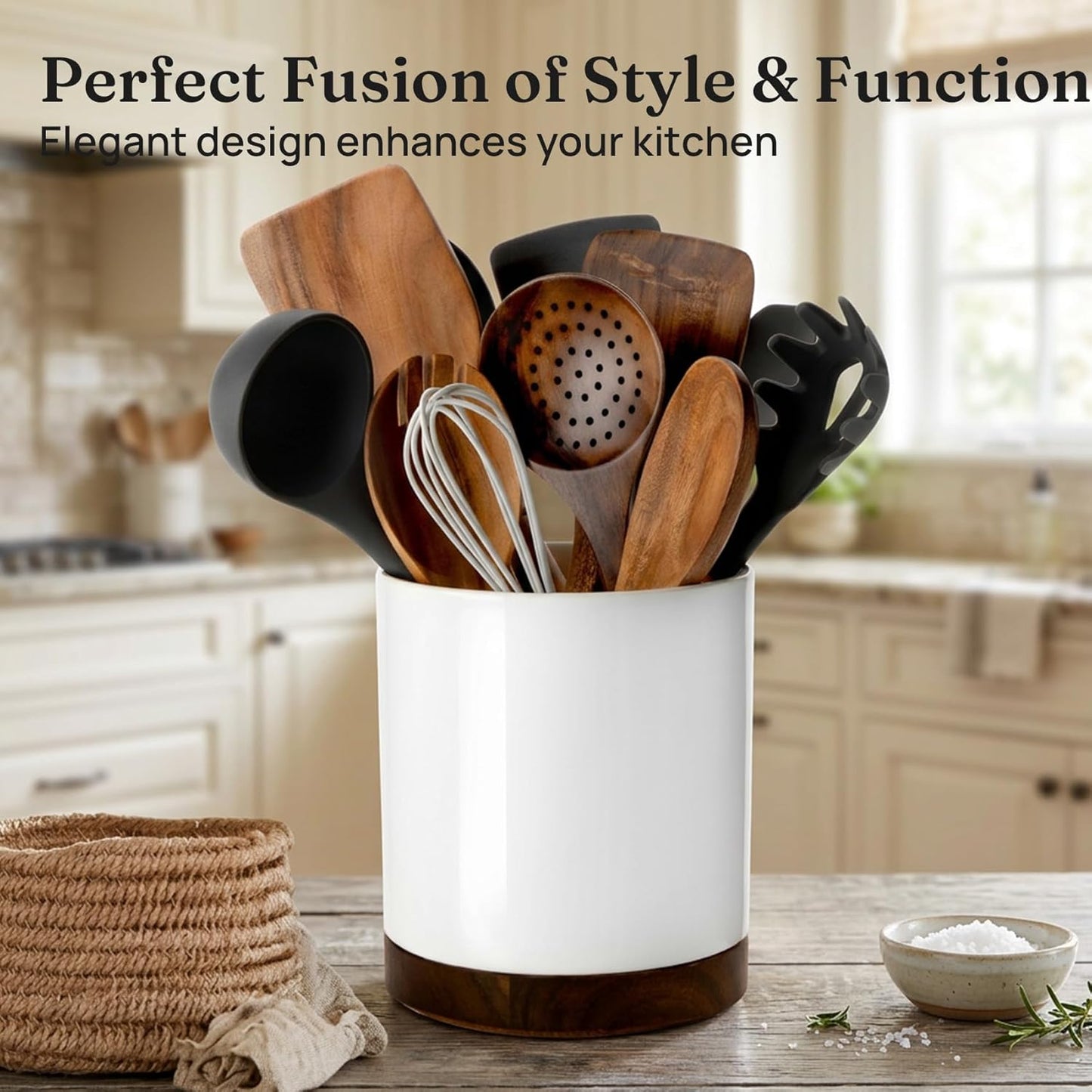 Ceramic Rotating Kitchen Utensil Holder for Countertop, 7.2'' Stone Black | 360° Large Cooking Utensil Crock for Kitchen Counter Organizer, Wooden Base No-Slip, Farmhouse Decor, Christmas Gift