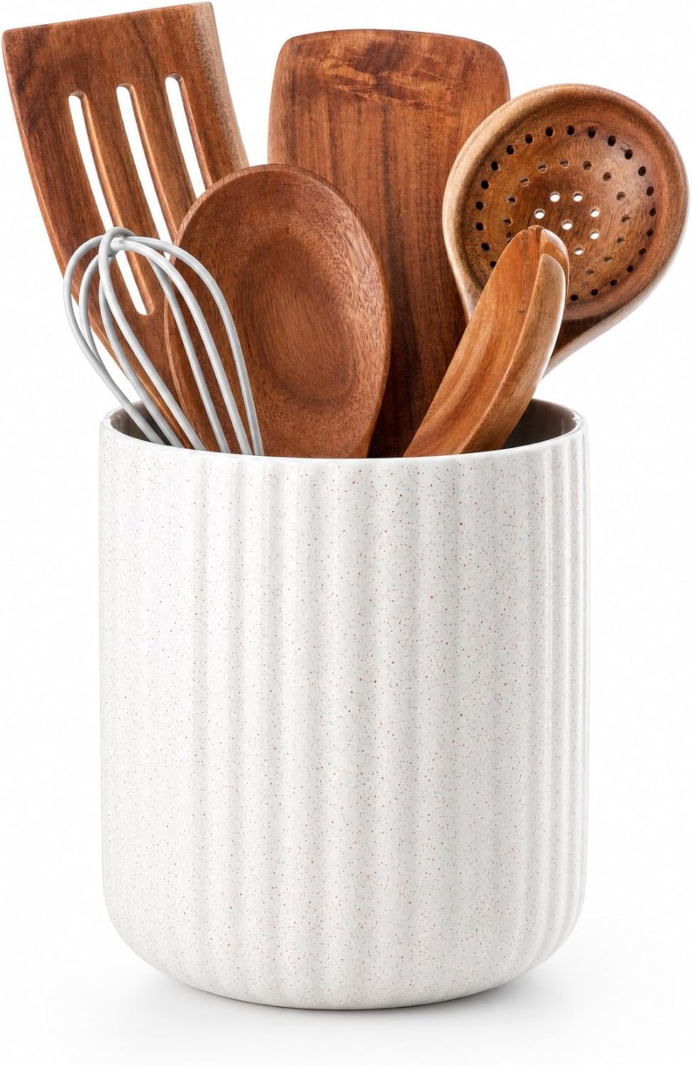 Ceramic Rotating Kitchen Utensil Holder for Countertop, 7.2'' Stone Black | 360° Large Cooking Utensil Crock for Kitchen Counter Organizer, Wooden Base No-Slip, Farmhouse Decor, Christmas Gift