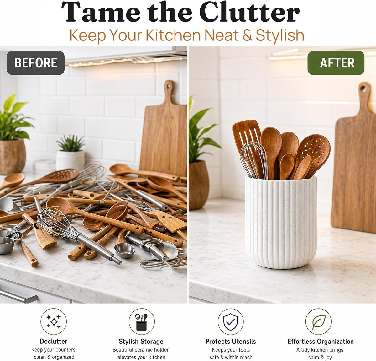 Ceramic Rotating Kitchen Utensil Holder for Countertop, 7.2'' Stone Black | 360° Large Cooking Utensil Crock for Kitchen Counter Organizer, Wooden Base No-Slip, Farmhouse Decor, Christmas Gift