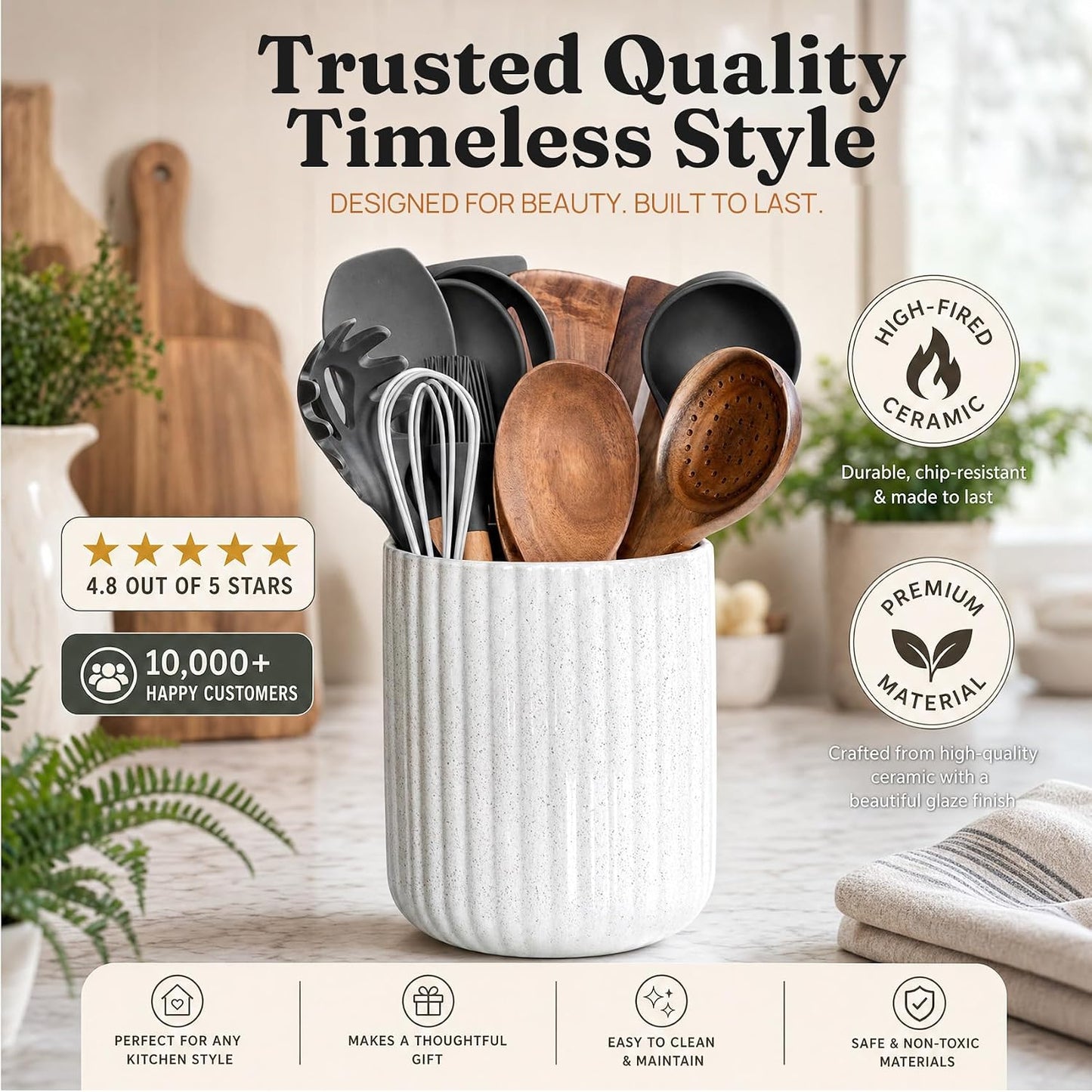 Ceramic Rotating Kitchen Utensil Holder for Countertop, 7.2'' Stone Black | 360° Large Cooking Utensil Crock for Kitchen Counter Organizer, Wooden Base No-Slip, Farmhouse Decor, Christmas Gift
