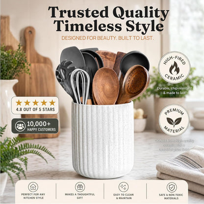Ceramic Rotating Kitchen Utensil Holder for Countertop, 7.2'' Stone Black | 360° Large Cooking Utensil Crock for Kitchen Counter Organizer, Wooden Base No-Slip, Farmhouse Decor, Christmas Gift