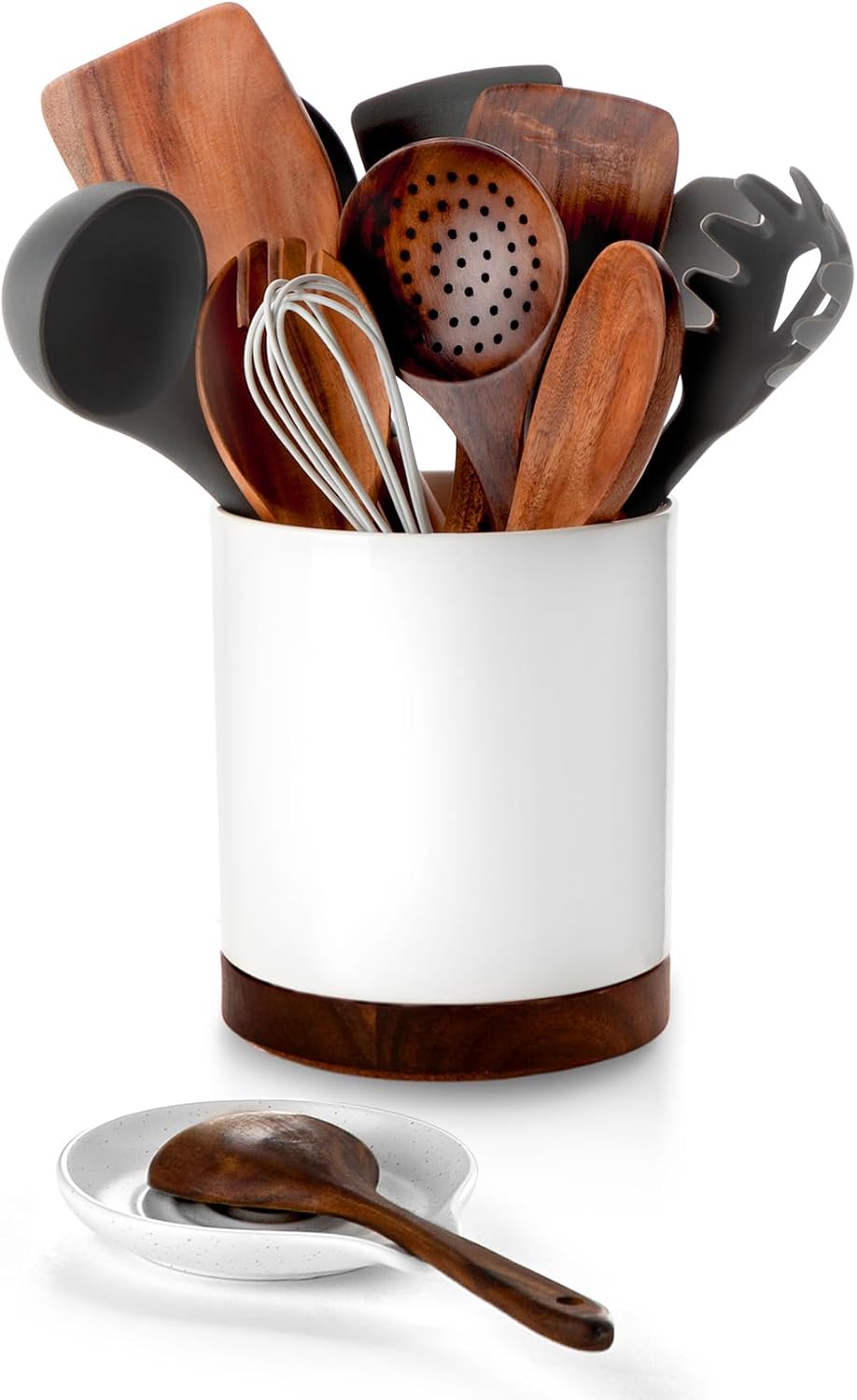 Ceramic Rotating Kitchen Utensil Holder for Countertop, 7.2'' Stone Black | 360° Large Cooking Utensil Crock for Kitchen Counter Organizer, Wooden Base No-Slip, Farmhouse Decor, Christmas Gift