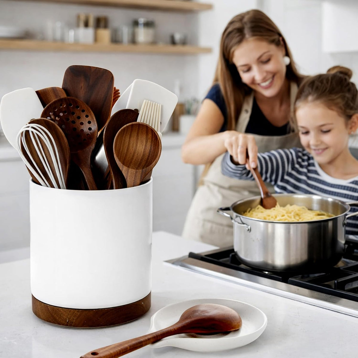Ceramic Rotating Kitchen Utensil Holder for Countertop, 7.2'' Stone Black | 360° Large Cooking Utensil Crock for Kitchen Counter Organizer, Wooden Base No-Slip, Farmhouse Decor, Christmas Gift