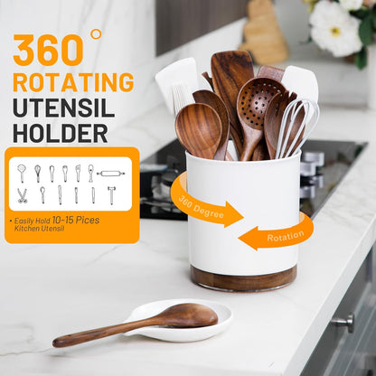 Ceramic Rotating Kitchen Utensil Holder for Countertop, 7.2'' Stone Black | 360° Large Cooking Utensil Crock for Kitchen Counter Organizer, Wooden Base No-Slip, Farmhouse Decor, Christmas Gift