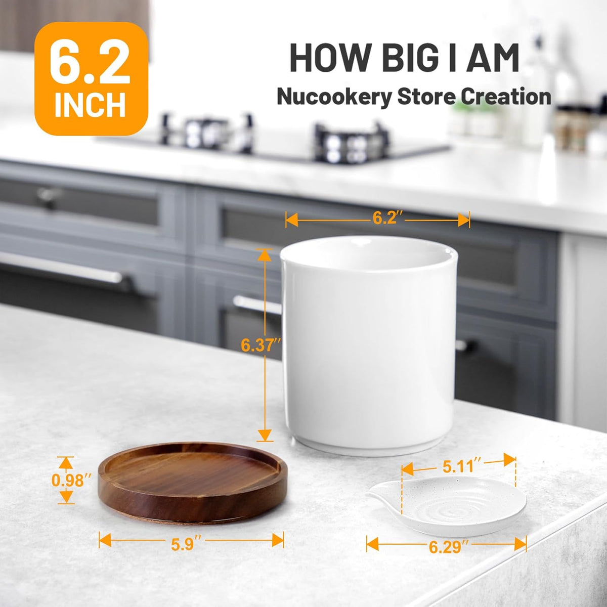 Ceramic Rotating Kitchen Utensil Holder for Countertop, 7.2'' Stone Black | 360° Large Cooking Utensil Crock for Kitchen Counter Organizer, Wooden Base No-Slip, Farmhouse Decor, Christmas Gift