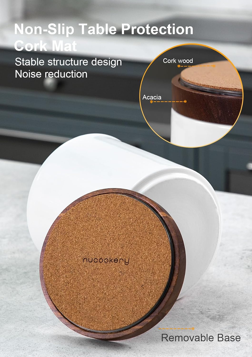 Ceramic Rotating Kitchen Utensil Holder for Countertop, 7.2'' Stone Black | 360° Large Cooking Utensil Crock for Kitchen Counter Organizer, Wooden Base No-Slip, Farmhouse Decor, Christmas Gift